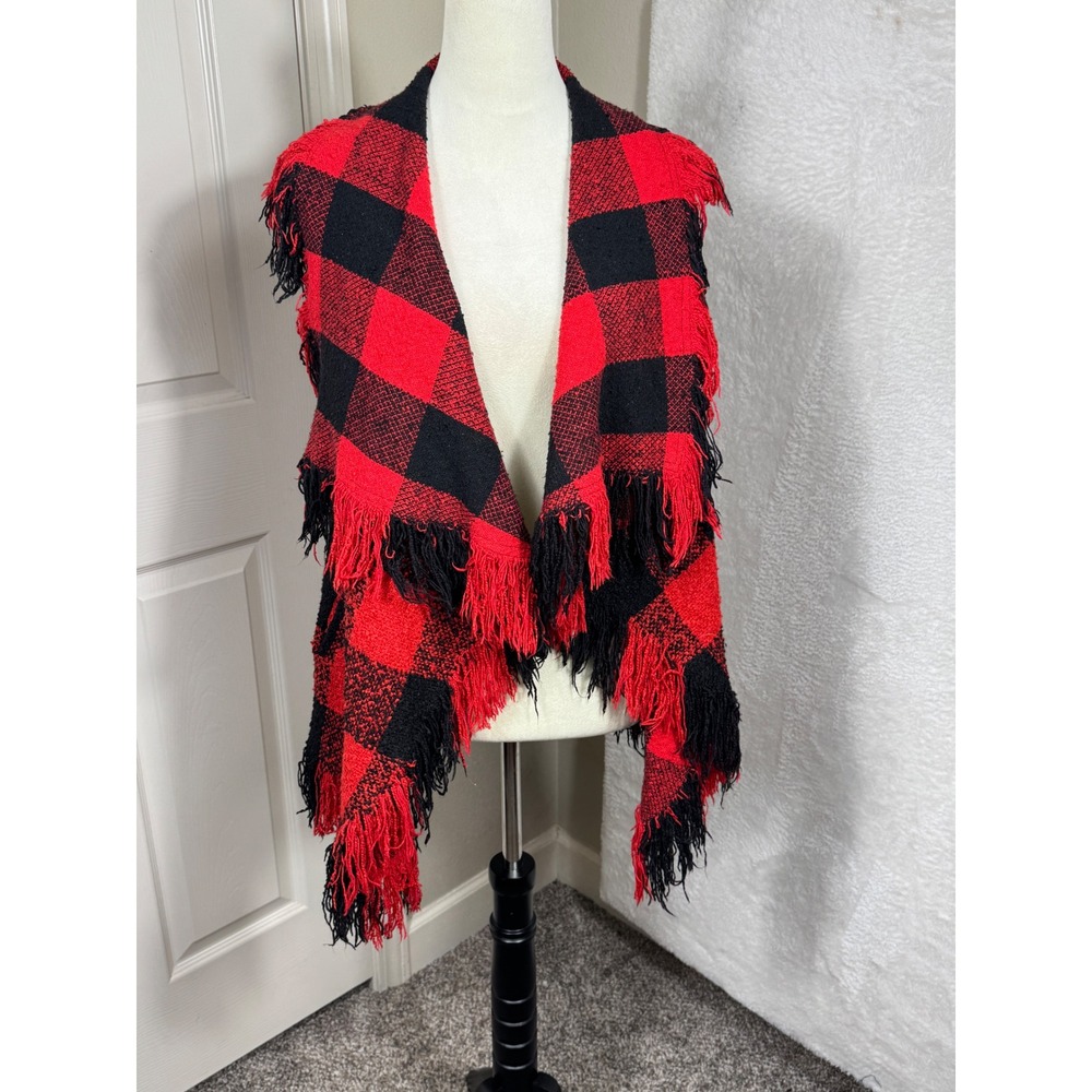 TCEC Women's M Vest Buffalo Check Fringe‎ Sweater Black Red Boho Festival